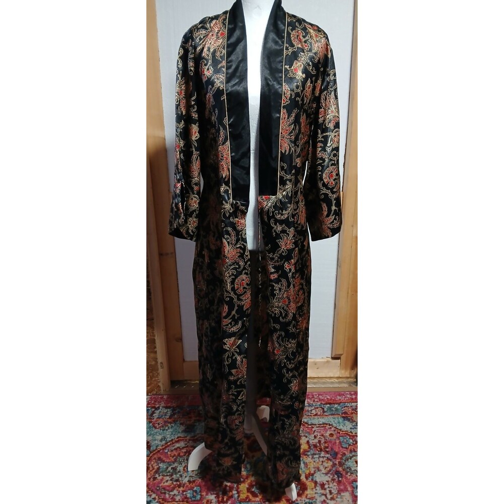 Jones New York Kimono Satin Robe With Ties Black/Gold/Red Paisley Pockets L/XL